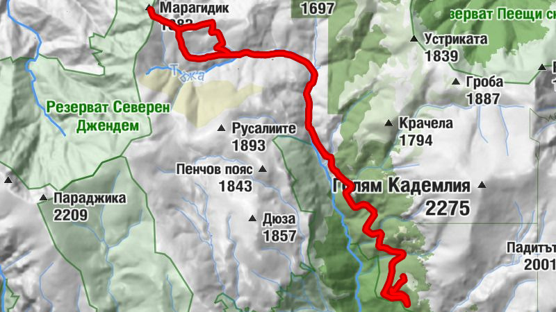 х.Триглав - Кадемлийското пръскало - х.Тъжа - Марагидик