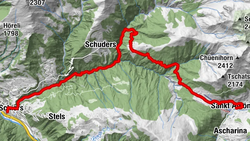From St. Antönien over the Chleibach suspension bridge to Schiers