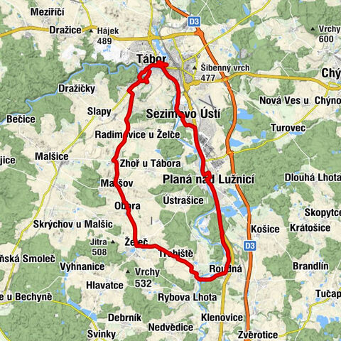 Čelkovice - Prostřední vrch - Hýlačka - Tábor
