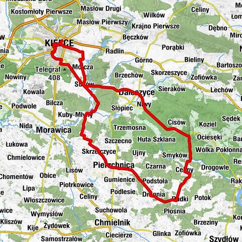 Kielce Główne - Kościół pw. Świętego Wojciecha w Kielcach - Wzgórze Pigwy - Kościół pw. Świętego Wawrzyńca Diakona i Męczennika w Drugni