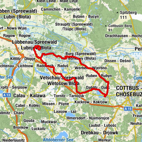 Kolkwitz - Gołkojce - Dahlitz - Dalic - Vetschau/Spreewald - Wětošow/Błota - Lübbenau/Spreewald - Lubnjow/Błota