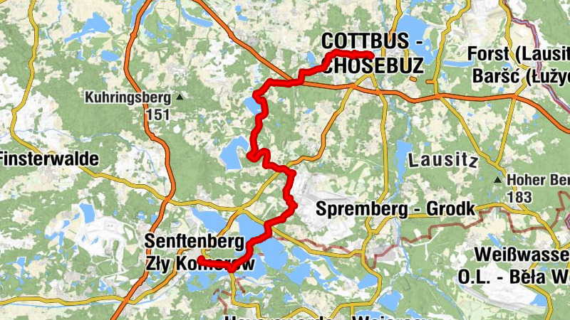 Senftenberg - Zły Komorow - Kleinkoschen - Kóšynka - Welzow - Wjelcej - Cottbus - Chóśebuz