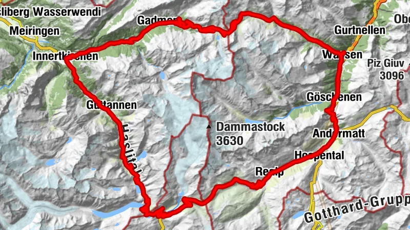 Landschaftlich reizvolle Rennrad-Rundtour von Hospental über Furkapass und Grimselpass via Wassen, Innertkirchen und Guttannen