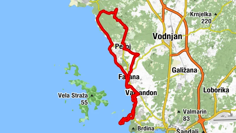 Peroj Portic- sv. Foska-kazuni trojcek-kazuni dvojcek- Peroj-proti Vodnjanu- Fazana-Valbandon- kamp Brioni-Punta Cristo- svetinik- skozi grmovlje in nazaj do Peroj Portic