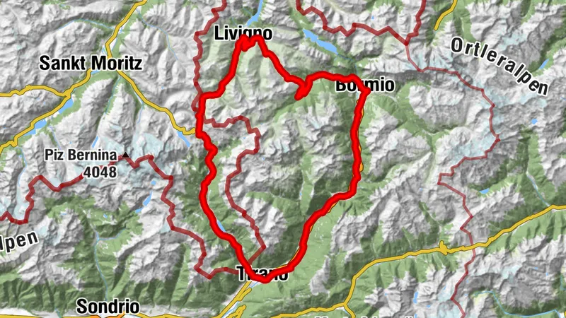 Road bike ride from Bormio to the Forcola Pass in Livigno, the Foscagno Pass, and the Eira Pass, passing through Grosio, Tirano, and Livigno